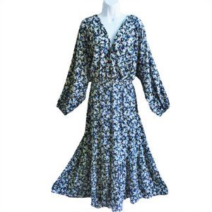 H&M Peasant Calico Maxi Dress Floral Surplice Bodice Balloon Sleeves Ruffle Hem